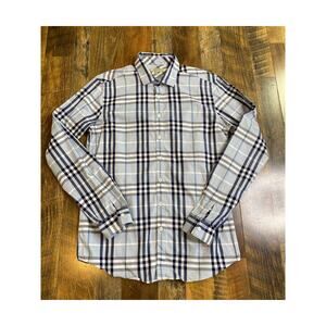 Men’s Burberry Poplin Shirt London Nova Check Cotton Sz Medium Light Blue Navy